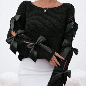 Black Casua Preppy Womens Bowknot Decoration Hollow Out Raglan Sleeve Sweater